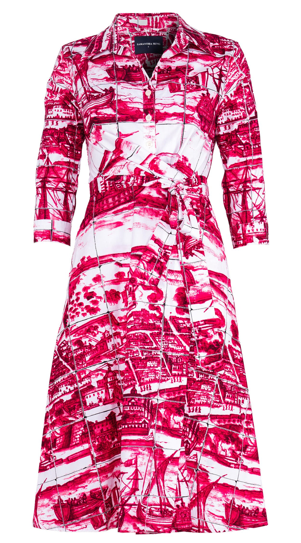 Olivia Dress Shirt Collar 3/4 Sleeve Long Length Cotton Stretch (Azulejo All Over)