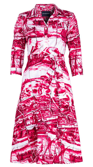 Olivia Dress Shirt Collar 3/4 Sleeve Long Length Cotton Stretch (Azulejo All Over)