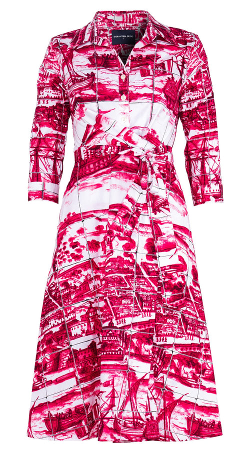 Olivia Dress Shirt Collar 3/4 Sleeve Long Length Cotton Stretch (Azulejo All Over)