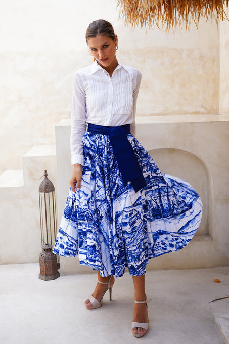 Abelia Skirt Midi Length Cotton Stretch (Azulejo All Over)