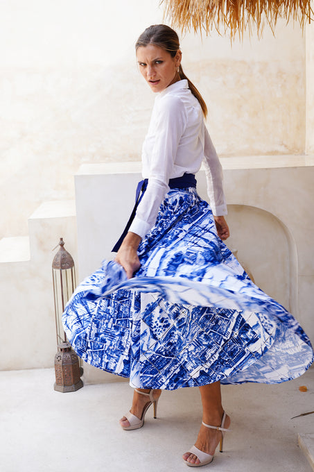 Abelia Skirt Midi Length Cotton Stretch (Azulejo All Over)