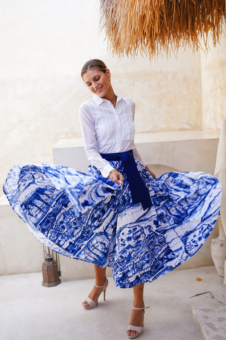 Abelia Skirt Midi Length Cotton Stretch (Azulejo All Over)