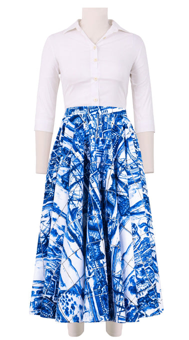 Abelia Skirt Midi Length Cotton Stretch (Azulejo All Over)