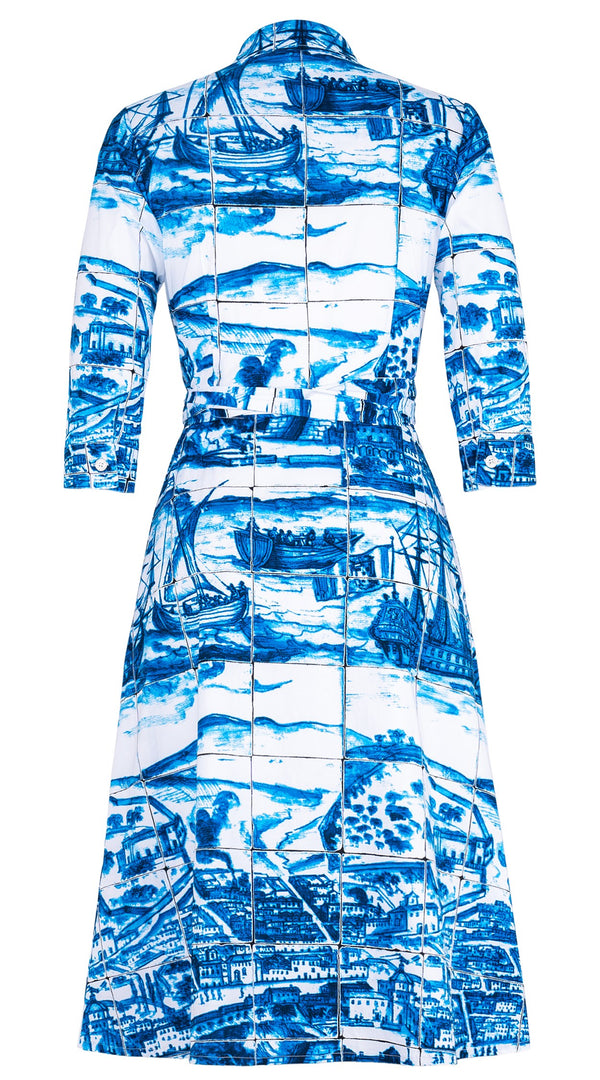 Olivia Dress Shirt Collar 3/4 Sleeve Long Length Cotton Stretch (Azulejo All Over)
