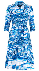 Olivia Dress Shirt Collar 3/4 Sleeve Long Length Cotton Stretch (Azulejo All Over)