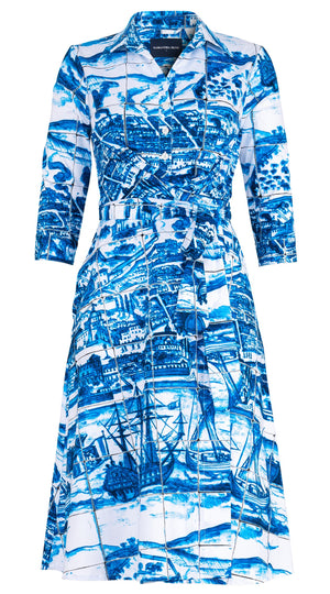 Olivia Dress Shirt Collar 3/4 Sleeve Long Length Cotton Stretch (Azulejo All Over)