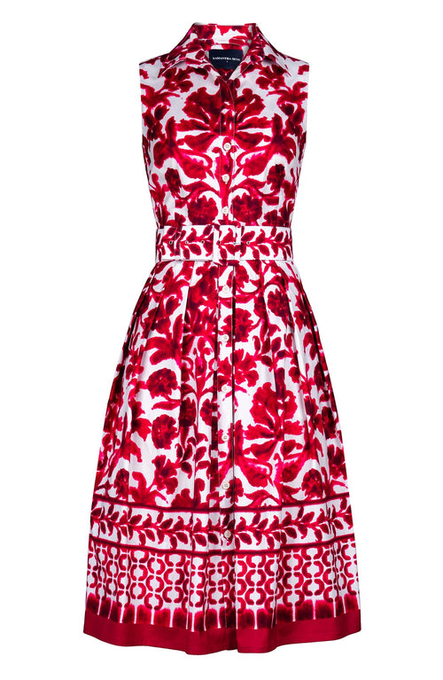 Audrey Dress #1 Shirt Collar Sleevelesss Long Length Cotton Stretch (Azulejo Portuguese)