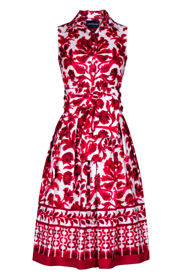 Audrey Dress #1 Shirt Collar Sleevelesss Long Length Cotton Stretch (Azulejo Portuguese)