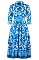 Audrey Dress #4 Shirt Collar 3/4 Sleeve Midi Length Musola (Azulejo Portuguese)