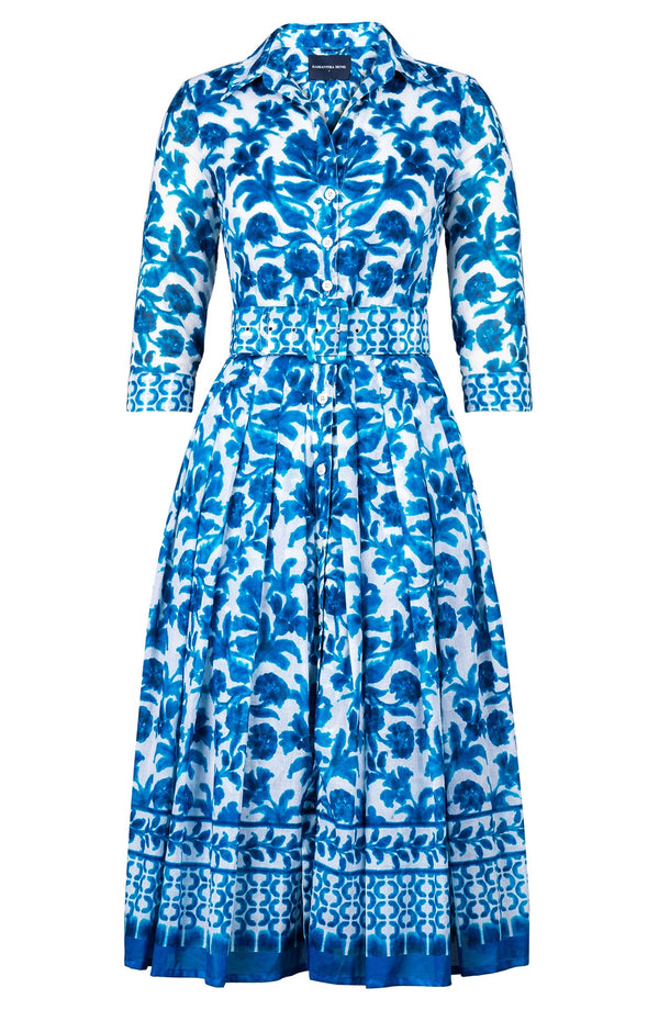 Audrey Dress #4 Shirt Collar 3/4 Sleeve Midi Length Musola (Azulejo Portuguese)