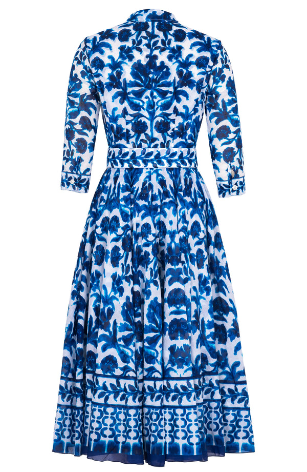 Aster Dress Shirt Collar 3/4 Sleeve Midi Length Cotton Musola (Azulejo Portuguese)