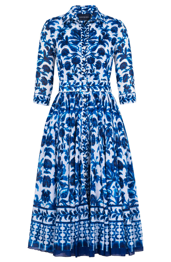 Aster Dress Shirt Collar 3/4 Sleeve Midi Length Cotton Musola (Azulejo Portuguese)