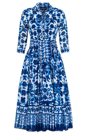 Aster Dress Shirt Collar 3/4 Sleeve Midi Length Cotton Musola (Azulejo Portuguese)