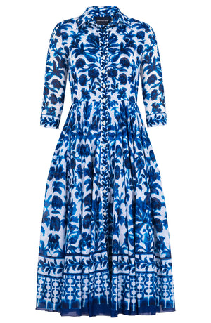 Aster Dress Shirt Collar 3/4 Sleeve Midi Length Cotton Musola (Azulejo Portuguese)