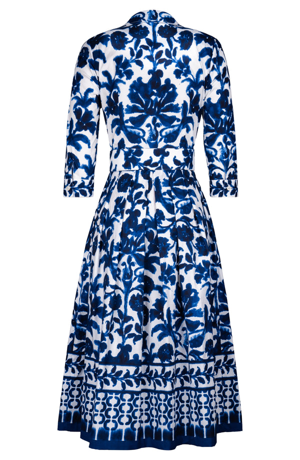 Audrey Dress #1 Shirt Collar 3/4 Sleeve Midi Length Cotton Stretch (Azulejo Portuguese)