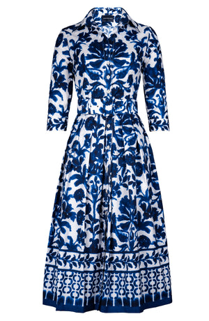 Audrey Dress #1 Shirt Collar 3/4 Sleeve Midi Length Cotton Stretch (Azulejo Portuguese)