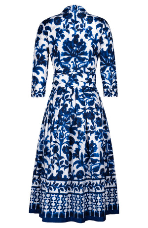 Audrey Dress #1 Shirt Collar 3/4 Sleeve Midi Length Cotton Stretch (Azulejo Portuguese)