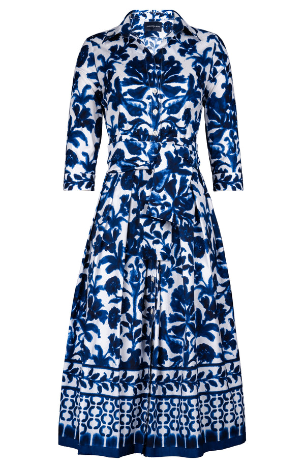 Audrey Dress #1 Shirt Collar 3/4 Sleeve Midi Length Cotton Stretch (Azulejo Portuguese)
