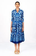Aster Dress Shirt Collar 3/4 Sleeve Midi Length Cotton Musola (Azulejo Portuguese)
