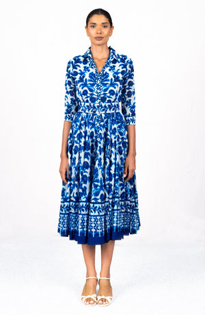 Aster Dress Shirt Collar 3/4 Sleeve Midi Length Cotton Musola (Azulejo Portuguese)