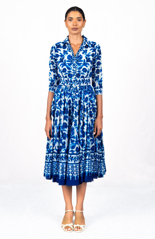 Aster Dress Shirt Collar 3/4 Sleeve Midi Length Cotton Musola (Azulejo Portuguese)