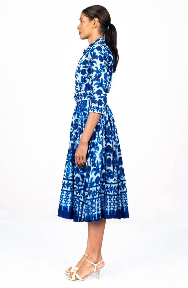 Aster Dress Shirt Collar 3/4 Sleeve Midi Length Cotton Musola (Azulejo Portuguese)