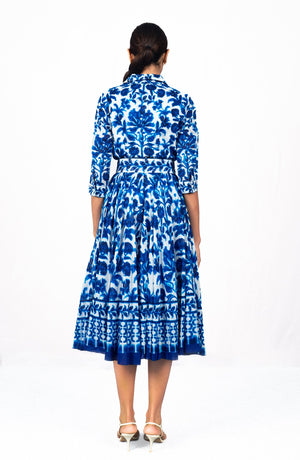 Aster Dress Shirt Collar 3/4 Sleeve Midi Length Cotton Musola (Azulejo Portuguese)
