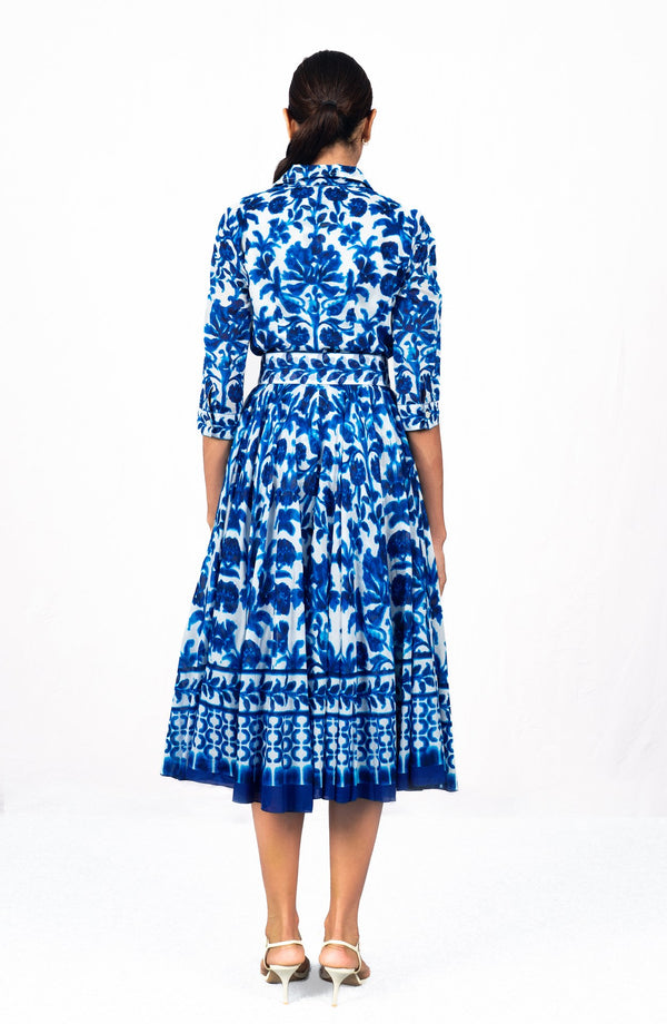 Aster Dress Shirt Collar 3/4 Sleeve Midi Length Cotton Musola (Azulejo Portuguese)