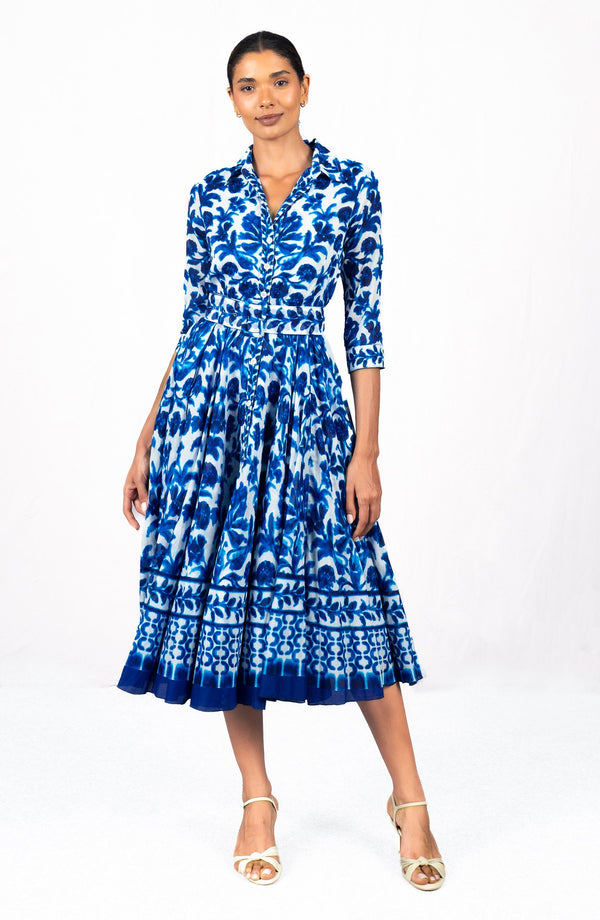 Aster Dress Shirt Collar 3/4 Sleeve Midi Length Cotton Musola (Azulejo Portuguese)