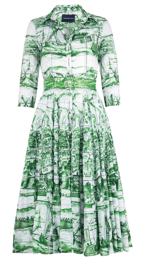 Aster Dress Shirt Collar 3/4 Sleeve Midi Length Cotton Musola (Azulejo) @M