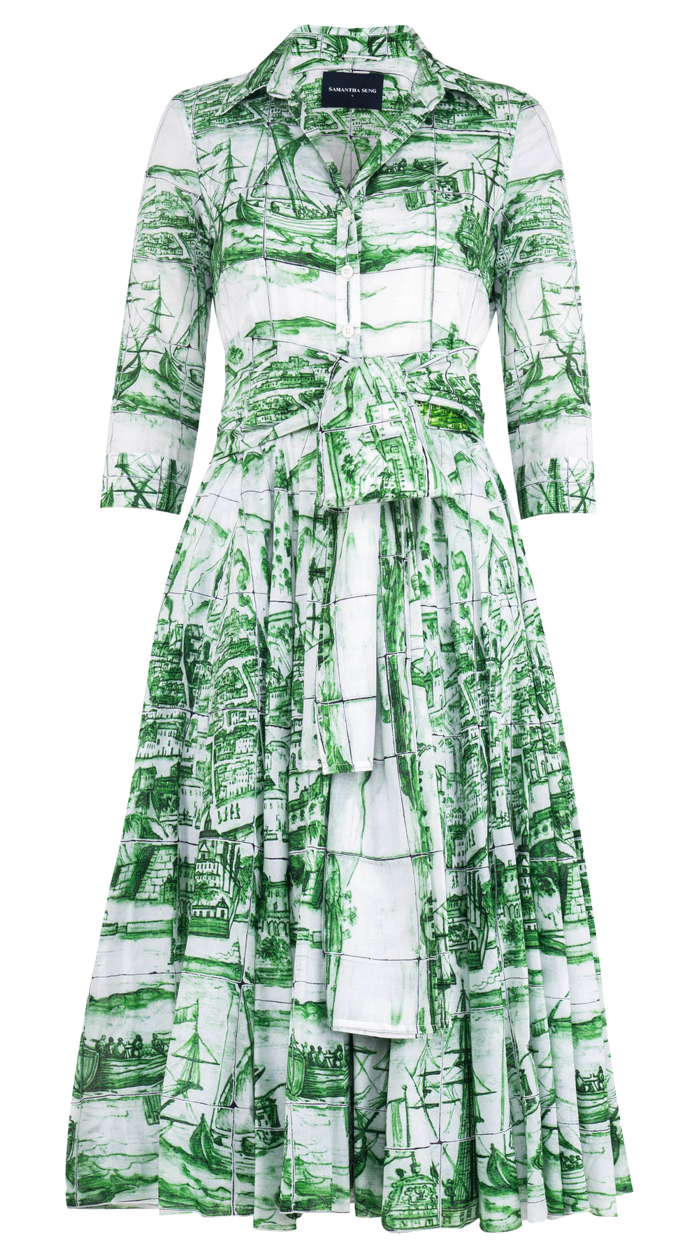 Aster Dress Shirt Collar 3/4 Sleeve Midi Length Cotton Musola (Azulejo) @M