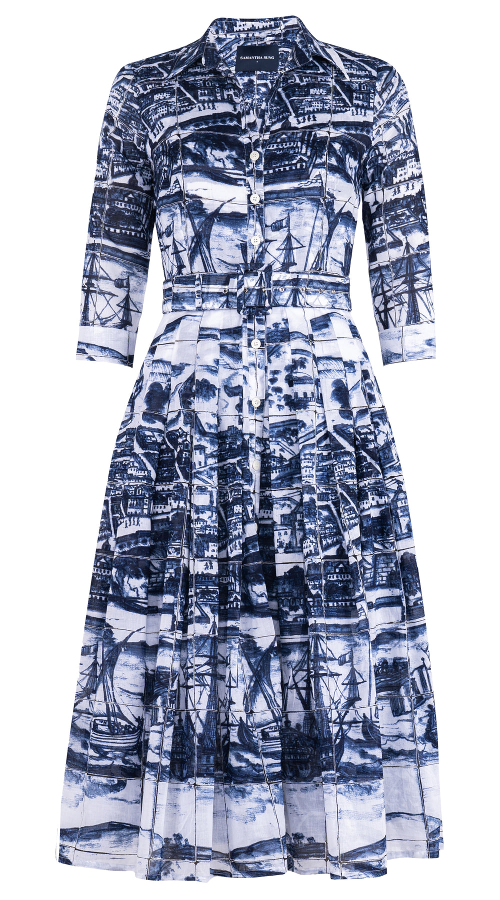 Audrey Dress #4 Shirt Collar 3/4 Sleeve Midi Length Musola (Azulejo)
