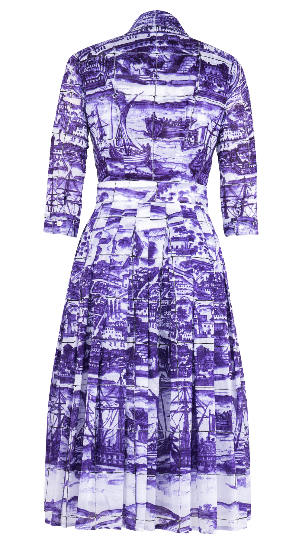 Audrey Dress #4 Shirt Collar 3/4 Sleeve Midi Length Musola (Azulejo) @XS-XXL