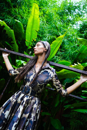 Sabrina Dress Shirt Collar 3/4 Sleeve Midi Plus Length Poliamide Taffta (Baby Mucca)