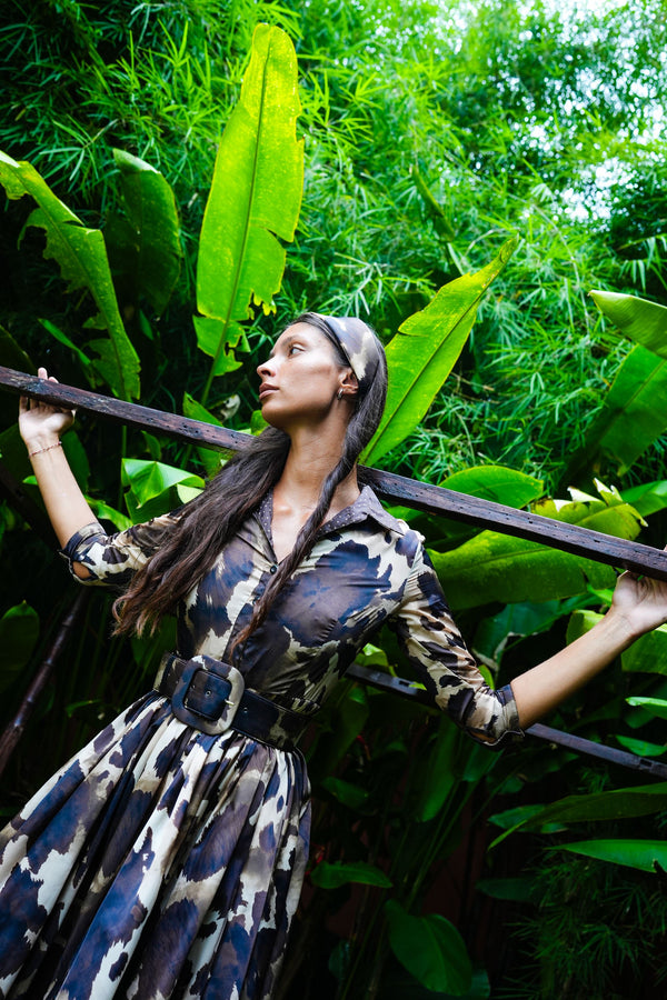 Sabrina Dress Shirt Collar 3/4 Sleeve Midi Plus Length Poliamide Taffta (Baby Mucca)