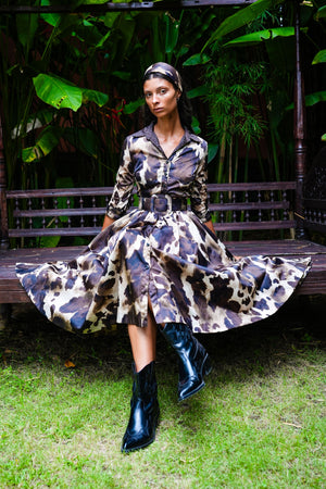 Sabrina Dress Shirt Collar 3/4 Sleeve Midi Plus Length Poliamide Taffta (Baby Mucca)