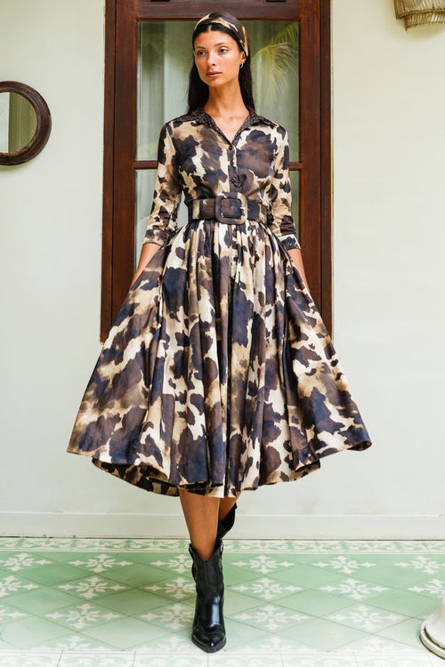 Sabrina Dress Shirt Collar 3/4 Sleeve Midi Plus Length Poliamide Taffta (Baby Mucca)