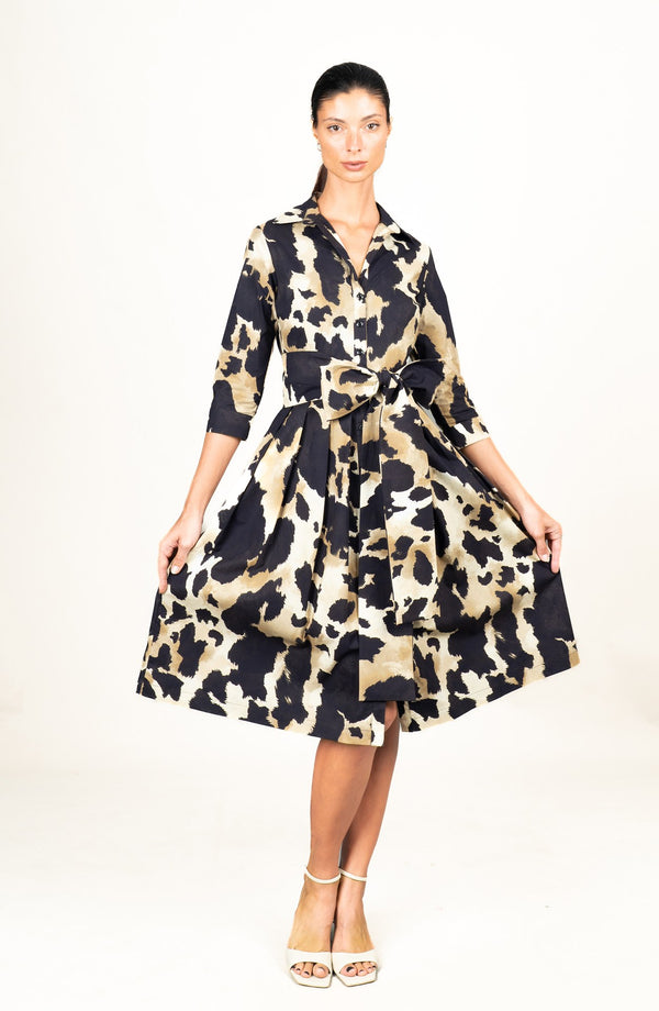 Audrey Dress #1 Shirt Collar 3/4 Sleeve Long Length Cotton Stretch (Baby Mucca)