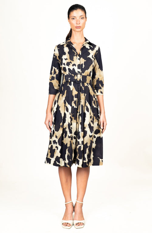 Audrey Dress #1 Shirt Collar 3/4 Sleeve Long Length Cotton Stretch (Baby Mucca)