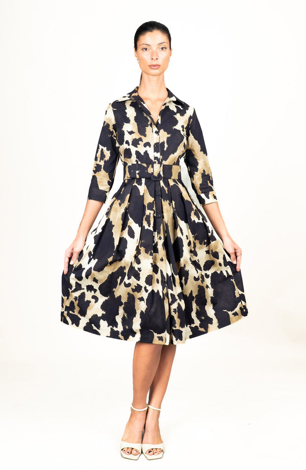 Audrey Dress #1 Shirt Collar 3/4 Sleeve Long Length Cotton Stretch (Baby Mucca)