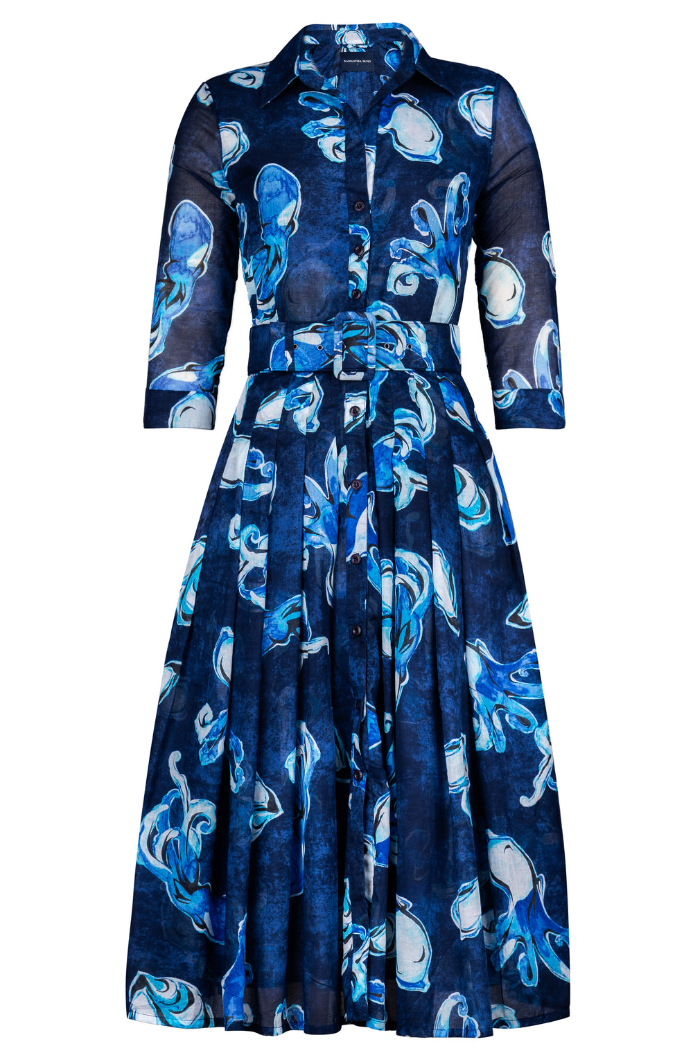 Audrey Dress #4 Shirt Collar 3/4 Sleeve Midi Length Cotton Muola (Baby Octopus)