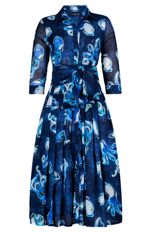 Audrey Dress #4 Shirt Collar 3/4 Sleeve Midi Length Cotton Musola (Baby Octopus)