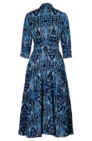 Aster Dress Shirt Collar 3/4 Sleeve Midi Plus Length Wool (Bambay Ikat Dark) - Dusty Blue