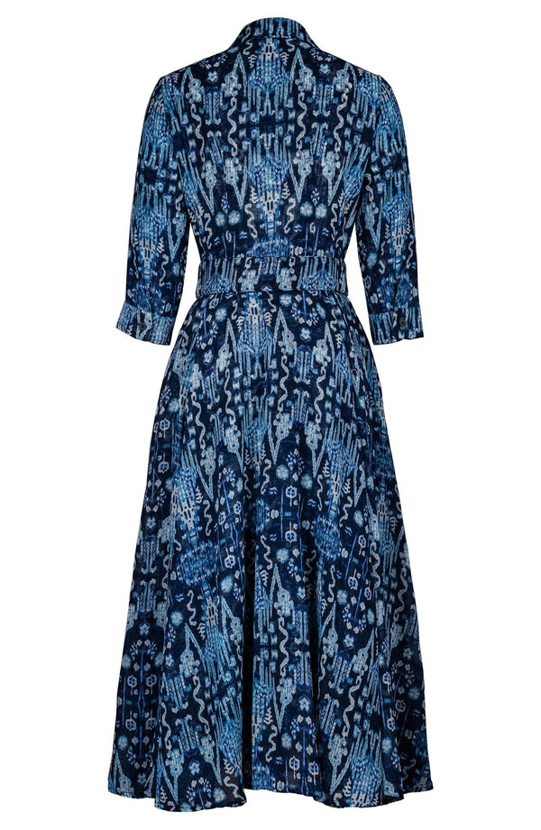 Aster Dress Shirt Collar 3/4 Sleeve Midi Plus Length Wool (Bambay Ikat Dark) - Dusty Blue