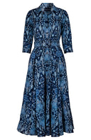Aster Dress Shirt Collar 3/4 Sleeve Midi Plus Length Wool (Bambay Ikat Dark) - Dusty Blue