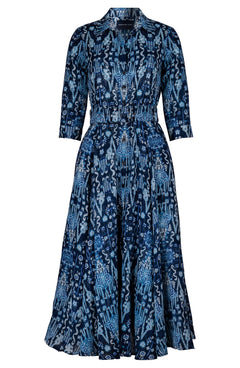 Aster Dress Shirt Collar 3/4 Sleeve Midi Plus Length Wool (Bambay Ikat Dark) - Dusty Blue