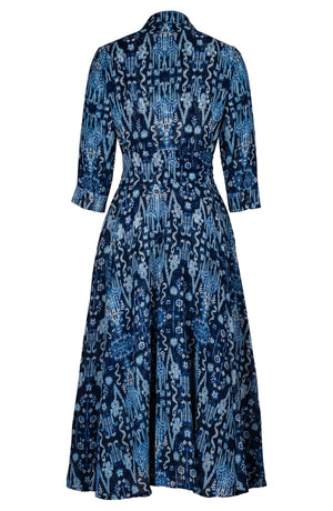 Aster Dress Shirt Collar 3/4 Sleeve Midi Plus Length Wool (Bambay Ikat Dark) - Dusty Blue