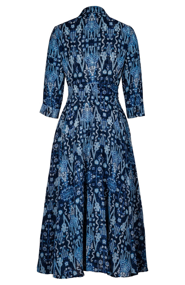Aster Dress Shirt Collar 3/4 Sleeve Midi Plus Length Wool (Bambay Ikat Dark) - Dusty Blue