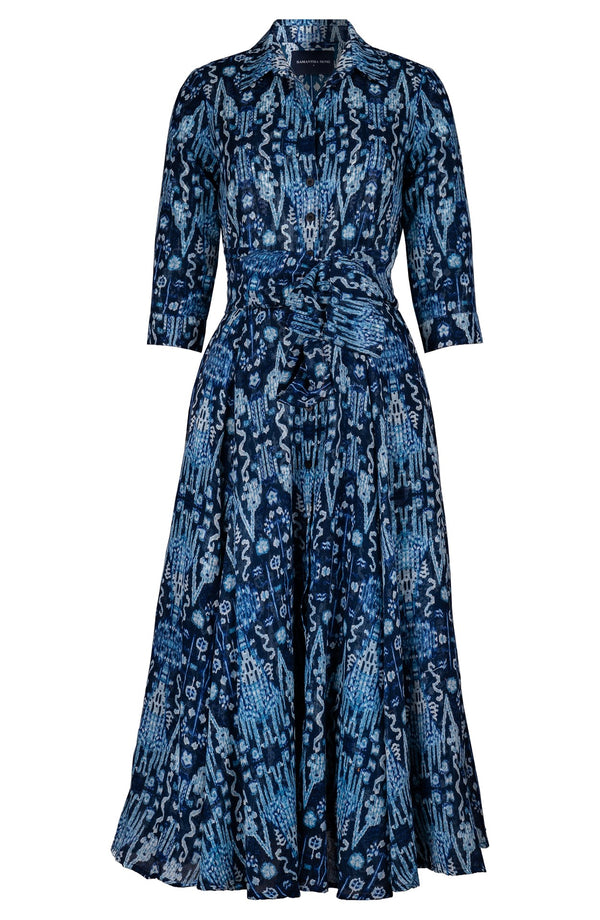Aster Dress Shirt Collar 3/4 Sleeve Midi Plus Length Wool (Bambay Ikat Dark) - Dusty Blue