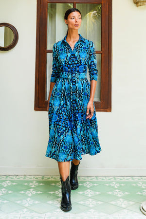 Aster Dress Shirt Collar 3/4 Sleeve Midi Length Wool (Bambay Ikat Bright) - Black Blue
